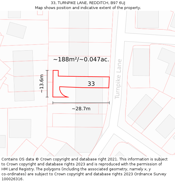 33, TURNPIKE LANE, REDDITCH, B97 6UJ: Plot and title map