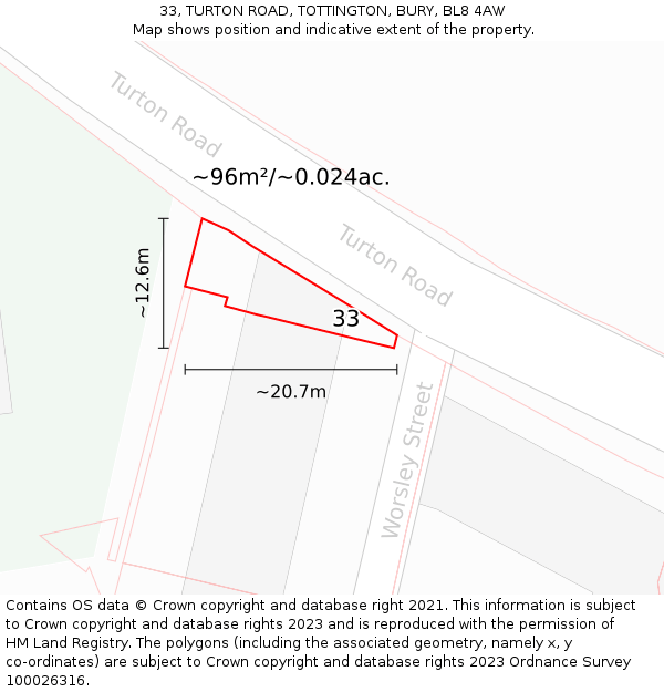 33, TURTON ROAD, TOTTINGTON, BURY, BL8 4AW: Plot and title map