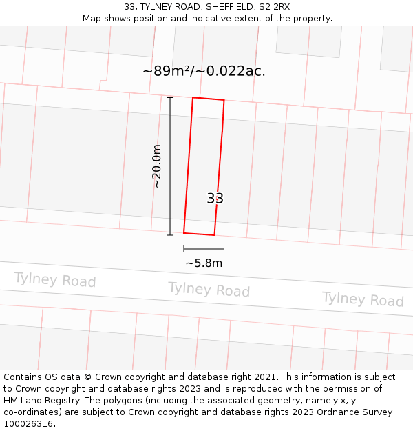 33, TYLNEY ROAD, SHEFFIELD, S2 2RX: Plot and title map