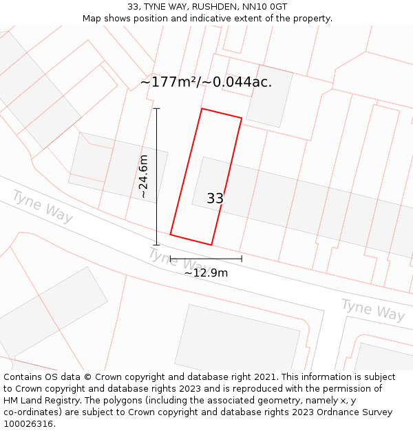 33, TYNE WAY, RUSHDEN, NN10 0GT: Plot and title map
