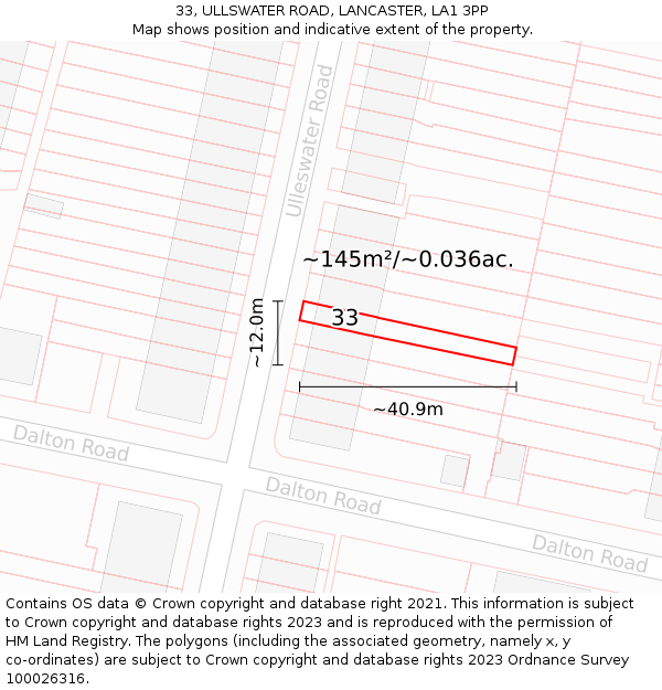 33, ULLSWATER ROAD, LANCASTER, LA1 3PP: Plot and title map
