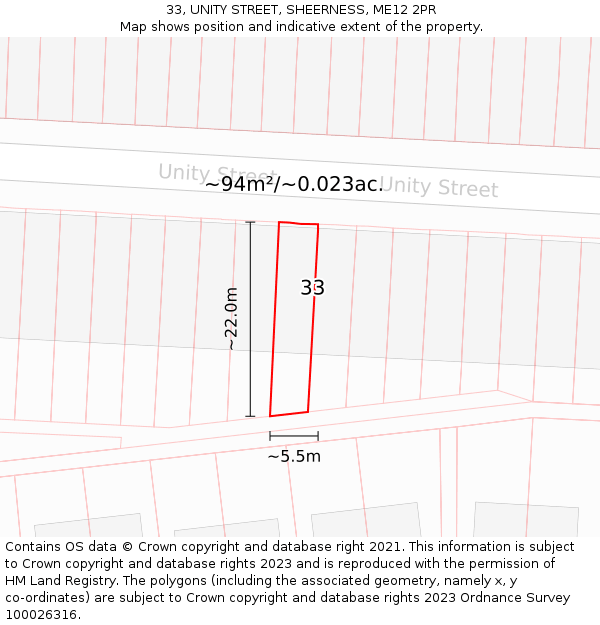 33, UNITY STREET, SHEERNESS, ME12 2PR: Plot and title map