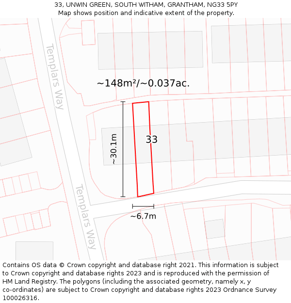 33, UNWIN GREEN, SOUTH WITHAM, GRANTHAM, NG33 5PY: Plot and title map