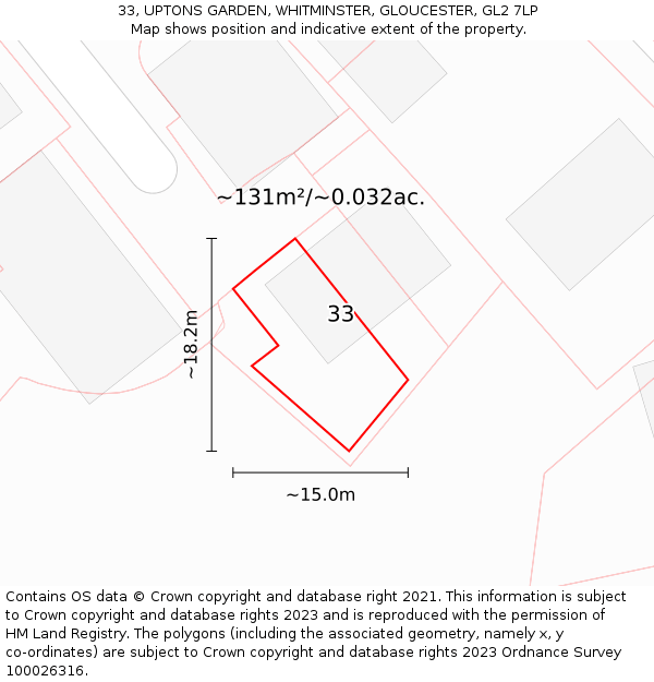 33, UPTONS GARDEN, WHITMINSTER, GLOUCESTER, GL2 7LP: Plot and title map