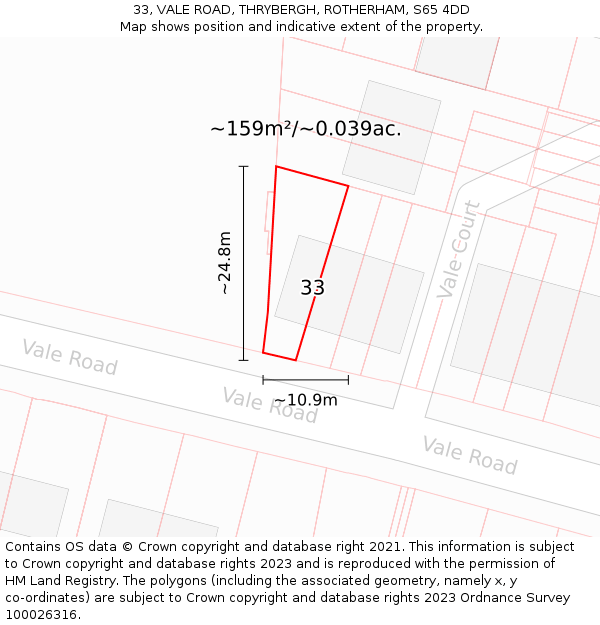 33, VALE ROAD, THRYBERGH, ROTHERHAM, S65 4DD: Plot and title map