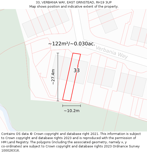33, VERBANIA WAY, EAST GRINSTEAD, RH19 3UP: Plot and title map