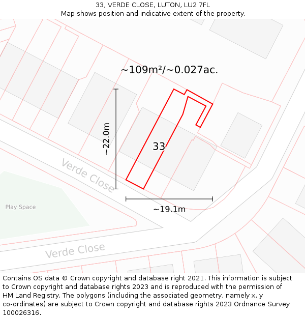 33, VERDE CLOSE, LUTON, LU2 7FL: Plot and title map