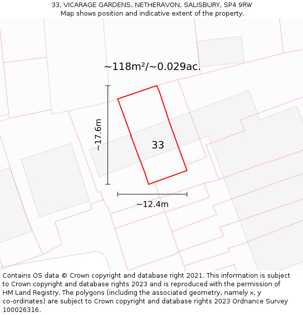 33, VICARAGE GARDENS, NETHERAVON, SALISBURY, SP4 9RW: Plot and title map
