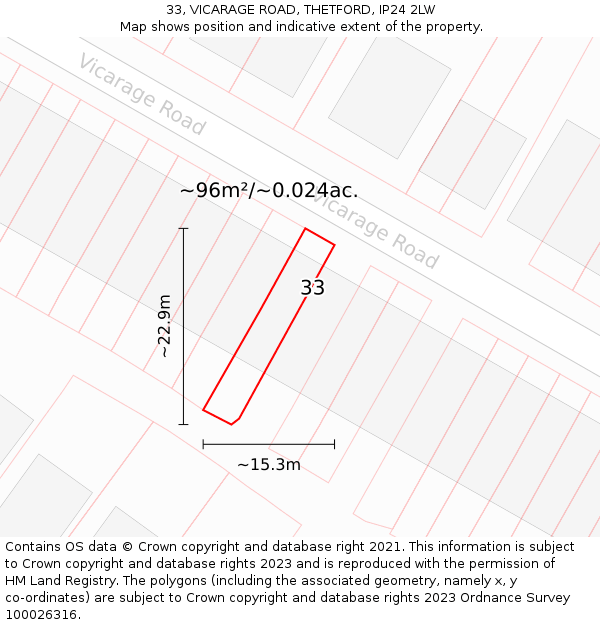 33, VICARAGE ROAD, THETFORD, IP24 2LW: Plot and title map
