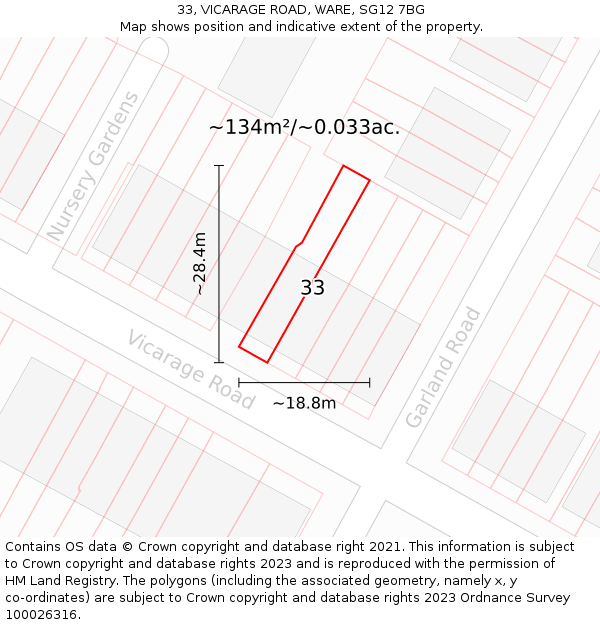33, VICARAGE ROAD, WARE, SG12 7BG: Plot and title map