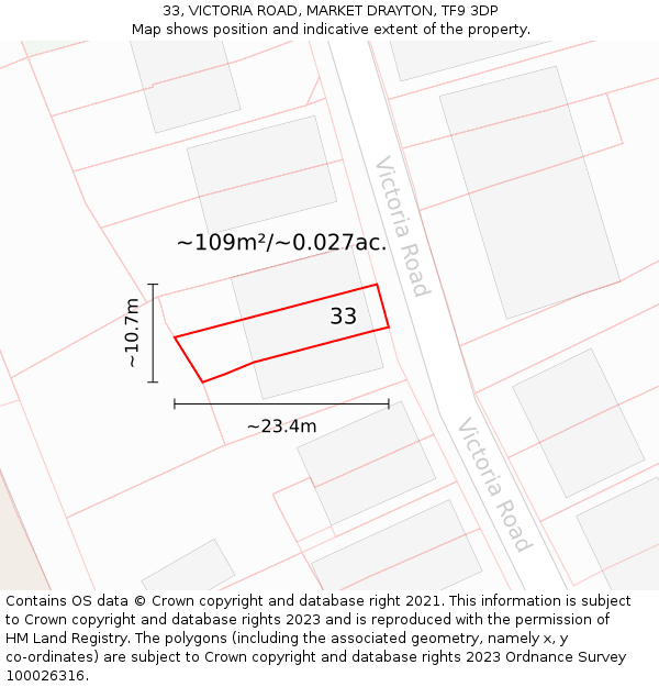 33, VICTORIA ROAD, MARKET DRAYTON, TF9 3DP: Plot and title map