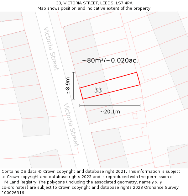 33, VICTORIA STREET, LEEDS, LS7 4PA: Plot and title map