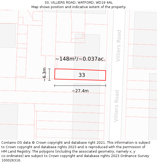33, VILLIERS ROAD, WATFORD, WD19 4AL: Plot and title map