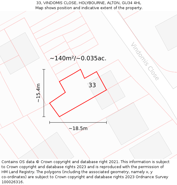 33, VINDOMIS CLOSE, HOLYBOURNE, ALTON, GU34 4HL: Plot and title map