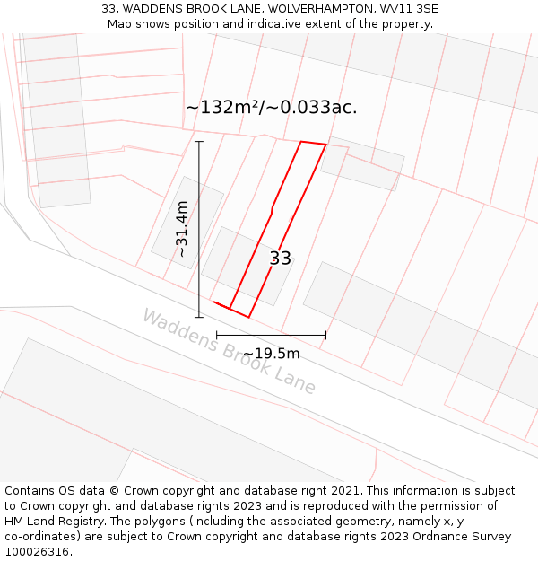 33, WADDENS BROOK LANE, WOLVERHAMPTON, WV11 3SE: Plot and title map