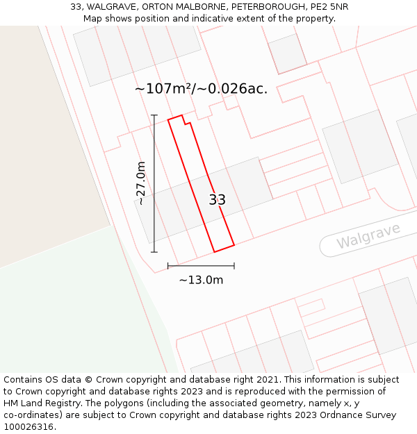 33, WALGRAVE, ORTON MALBORNE, PETERBOROUGH, PE2 5NR: Plot and title map
