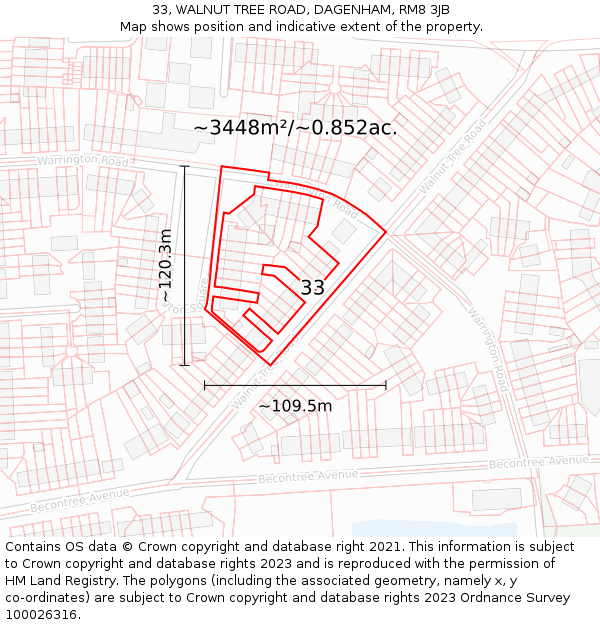 33, WALNUT TREE ROAD, DAGENHAM, RM8 3JB: Plot and title map