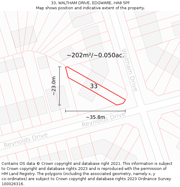 33, WALTHAM DRIVE, EDGWARE, HA8 5PF: Plot and title map
