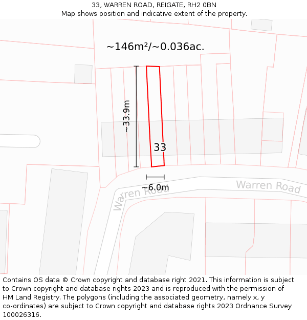 33, WARREN ROAD, REIGATE, RH2 0BN: Plot and title map