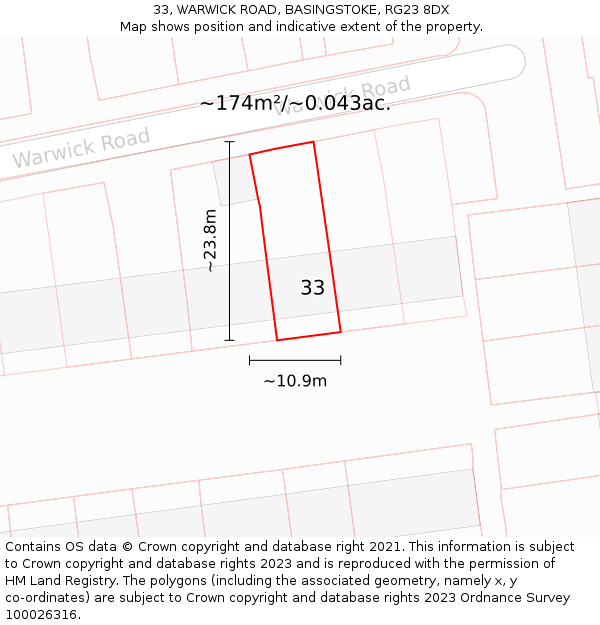33, WARWICK ROAD, BASINGSTOKE, RG23 8DX: Plot and title map