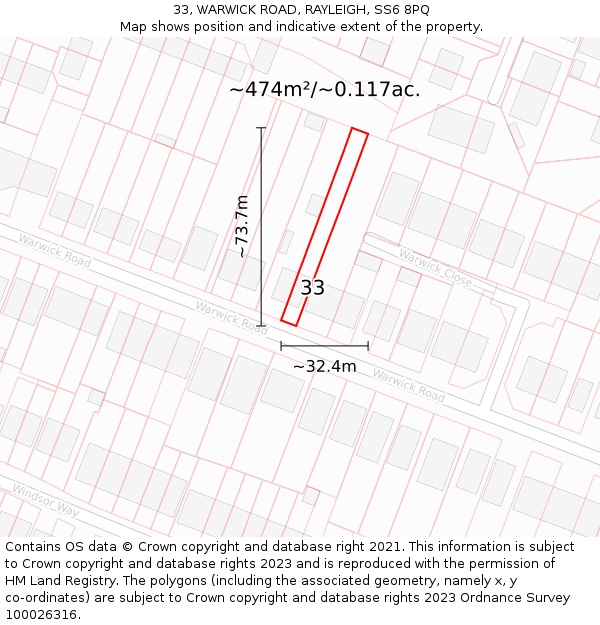 33, WARWICK ROAD, RAYLEIGH, SS6 8PQ: Plot and title map