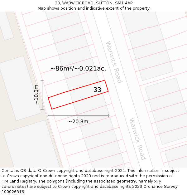 33, WARWICK ROAD, SUTTON, SM1 4AP: Plot and title map