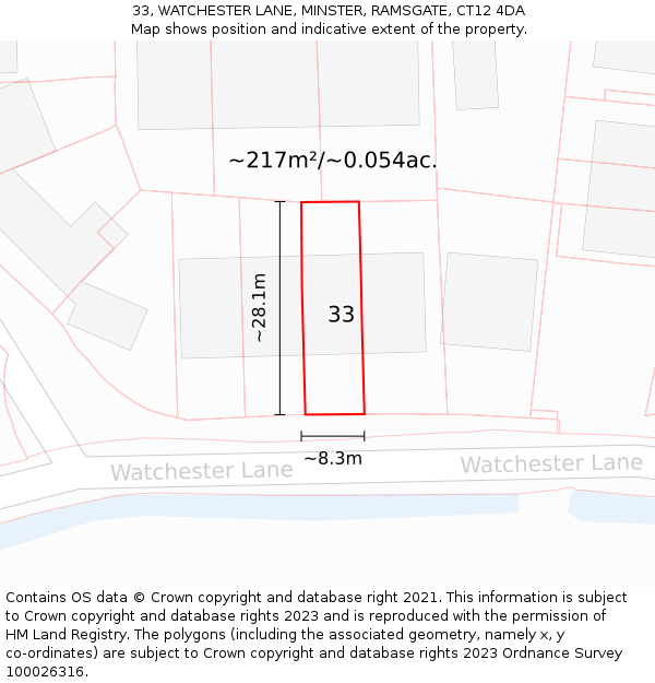 33, WATCHESTER LANE, MINSTER, RAMSGATE, CT12 4DA: Plot and title map