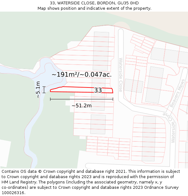 33, WATERSIDE CLOSE, BORDON, GU35 0HD: Plot and title map