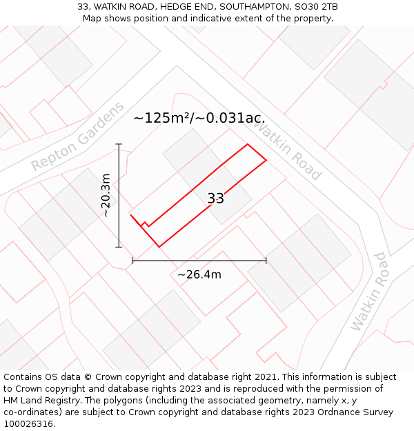 33, WATKIN ROAD, HEDGE END, SOUTHAMPTON, SO30 2TB: Plot and title map