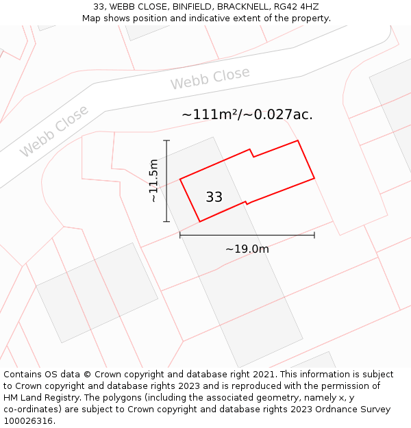 33, WEBB CLOSE, BINFIELD, BRACKNELL, RG42 4HZ: Plot and title map