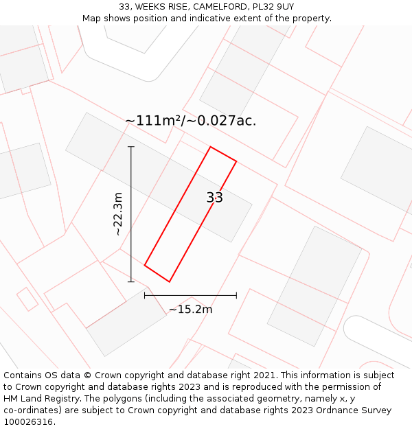33, WEEKS RISE, CAMELFORD, PL32 9UY: Plot and title map