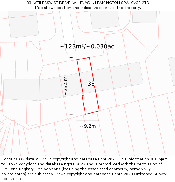 33, WEILERSWIST DRIVE, WHITNASH, LEAMINGTON SPA, CV31 2TD: Plot and title map