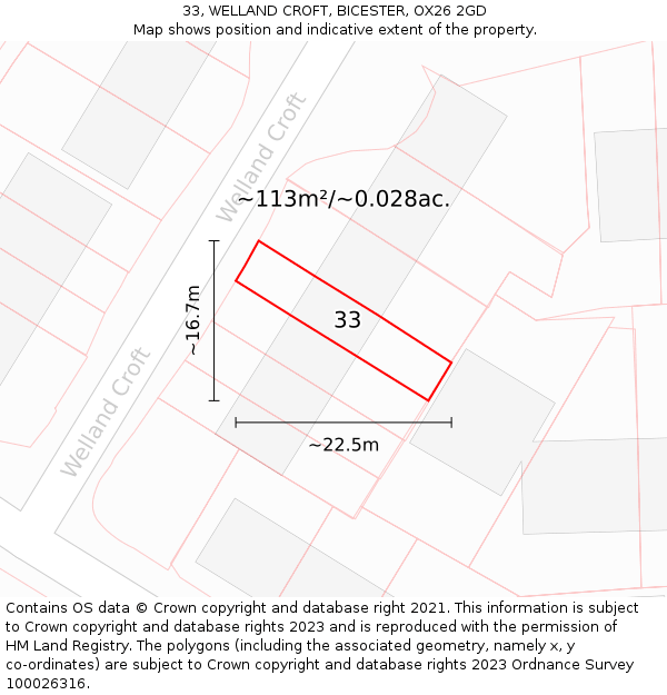 33, WELLAND CROFT, BICESTER, OX26 2GD: Plot and title map