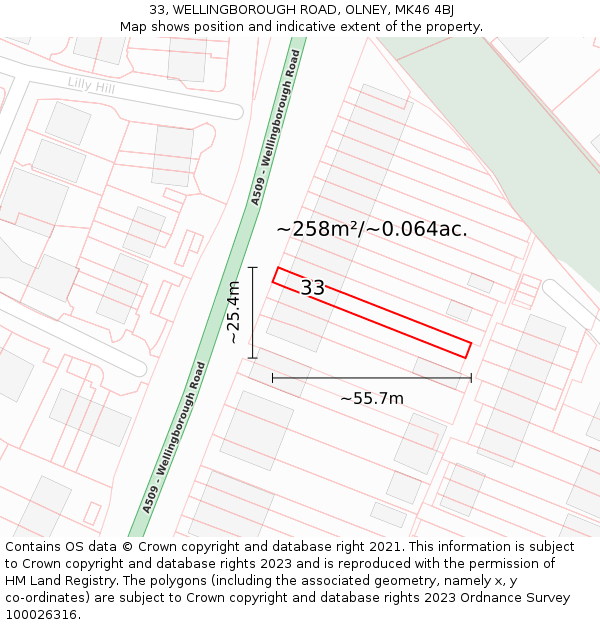 33, WELLINGBOROUGH ROAD, OLNEY, MK46 4BJ: Plot and title map