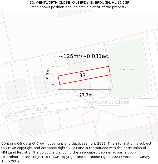 33, WENTWORTH CLOSE, GILBERDYKE, BROUGH, HU15 2GF: Plot and title map