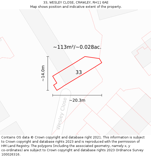 33, WESLEY CLOSE, CRAWLEY, RH11 6AE: Plot and title map