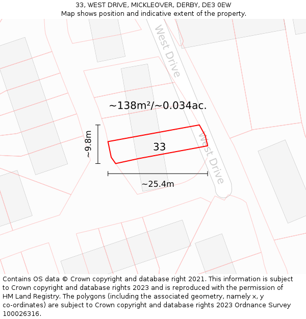 33, WEST DRIVE, MICKLEOVER, DERBY, DE3 0EW: Plot and title map