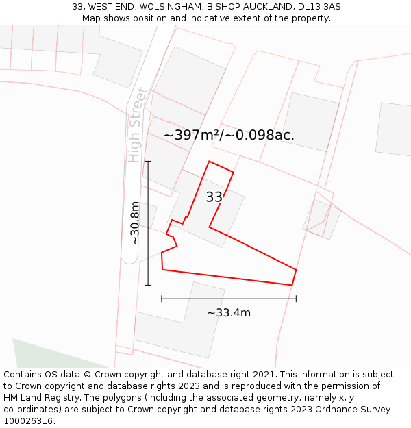 33, WEST END, WOLSINGHAM, BISHOP AUCKLAND, DL13 3AS: Plot and title map