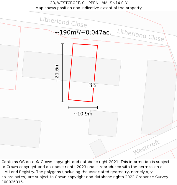 33, WESTCROFT, CHIPPENHAM, SN14 0LY: Plot and title map
