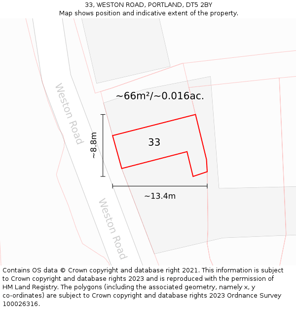 33, WESTON ROAD, PORTLAND, DT5 2BY: Plot and title map