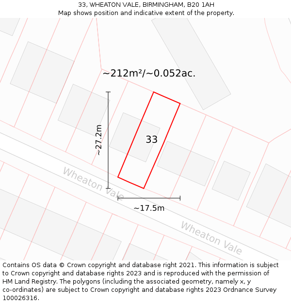 33, WHEATON VALE, BIRMINGHAM, B20 1AH: Plot and title map