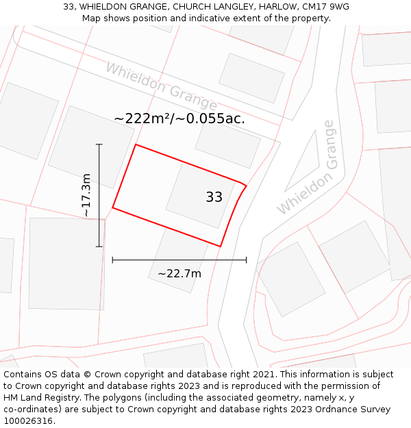 33, WHIELDON GRANGE, CHURCH LANGLEY, HARLOW, CM17 9WG: Plot and title map