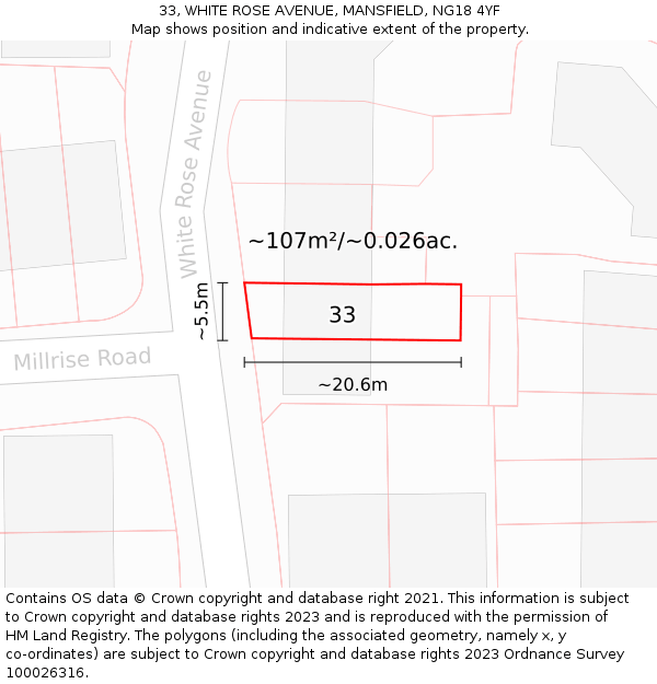 33, WHITE ROSE AVENUE, MANSFIELD, NG18 4YF: Plot and title map