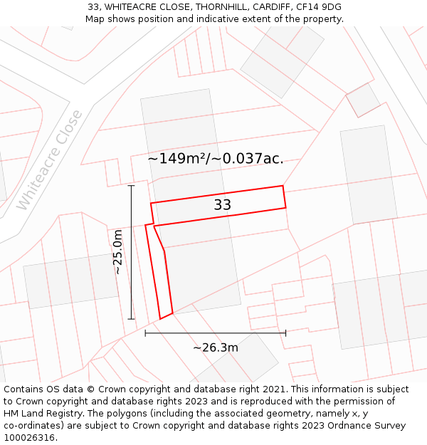 33, WHITEACRE CLOSE, THORNHILL, CARDIFF, CF14 9DG: Plot and title map