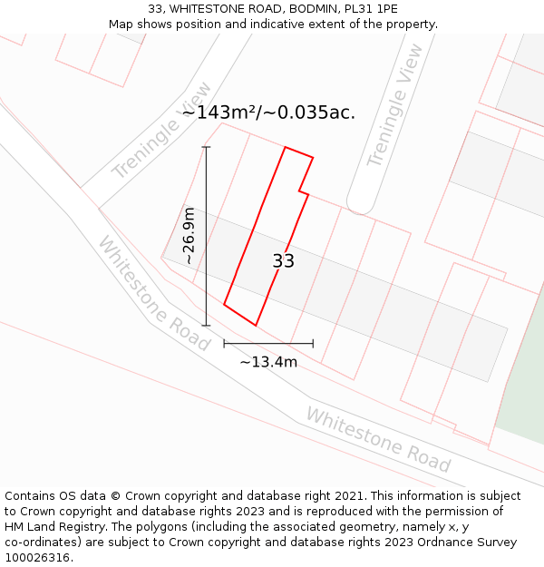 33, WHITESTONE ROAD, BODMIN, PL31 1PE: Plot and title map