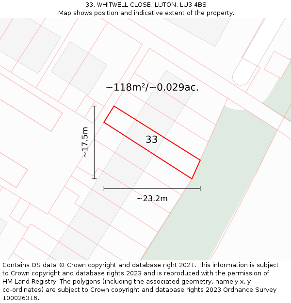 33, WHITWELL CLOSE, LUTON, LU3 4BS: Plot and title map
