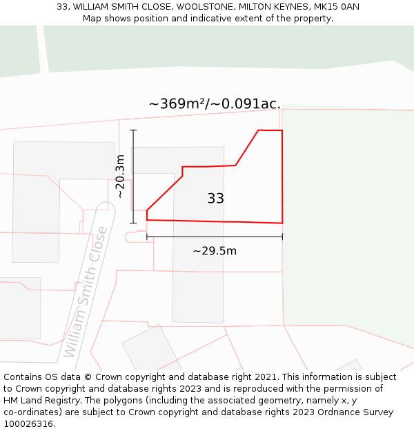 33, WILLIAM SMITH CLOSE, WOOLSTONE, MILTON KEYNES, MK15 0AN: Plot and title map