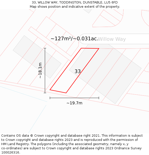 33, WILLOW WAY, TODDINGTON, DUNSTABLE, LU5 6FD: Plot and title map