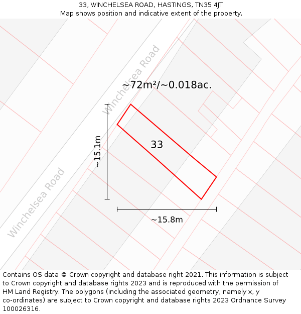 33, WINCHELSEA ROAD, HASTINGS, TN35 4JT: Plot and title map