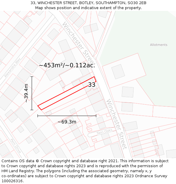 33, WINCHESTER STREET, BOTLEY, SOUTHAMPTON, SO30 2EB: Plot and title map